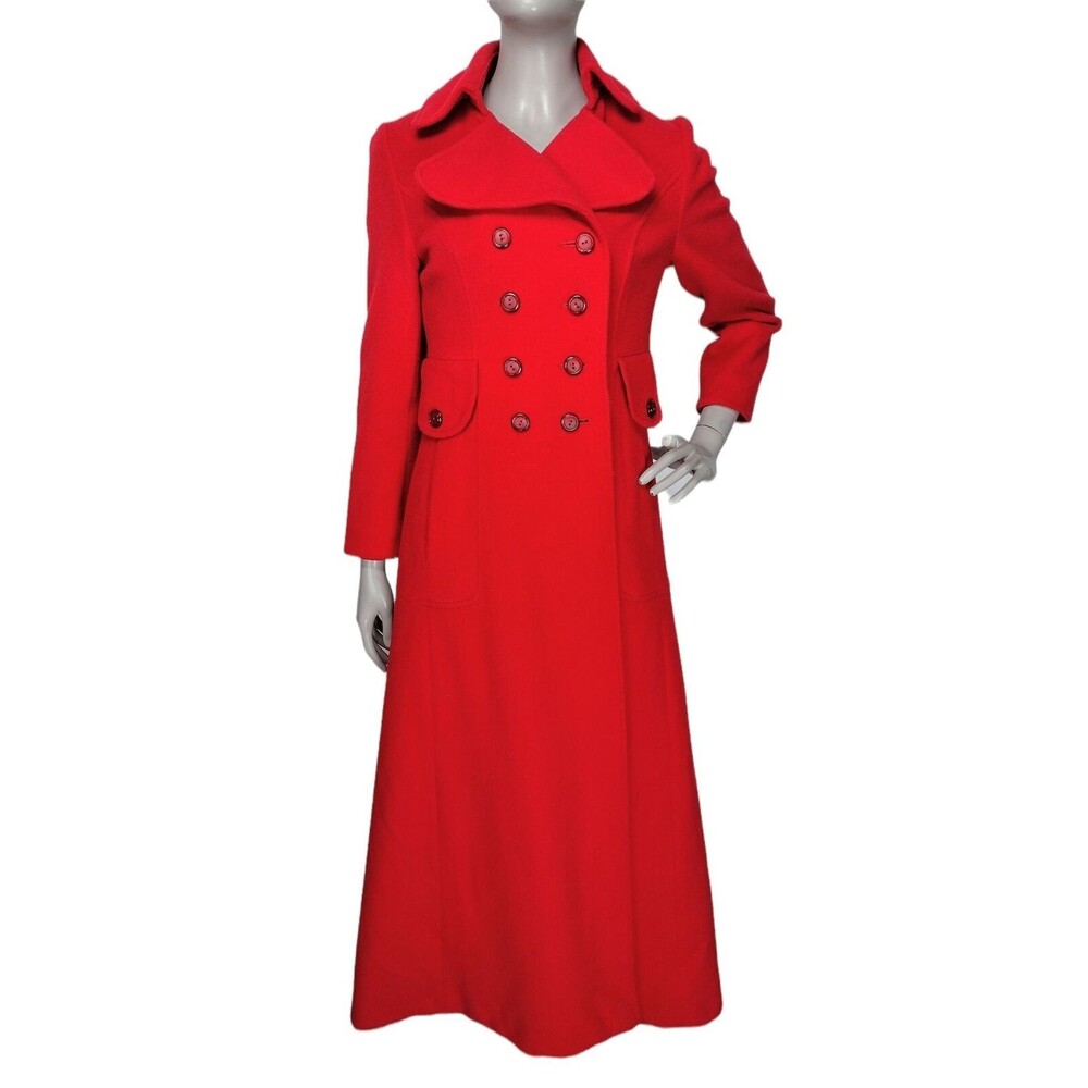 VTG 60s 70s Edwardian Gothic Red Wool Double-Breasted Long Swing Coat XS/S/M